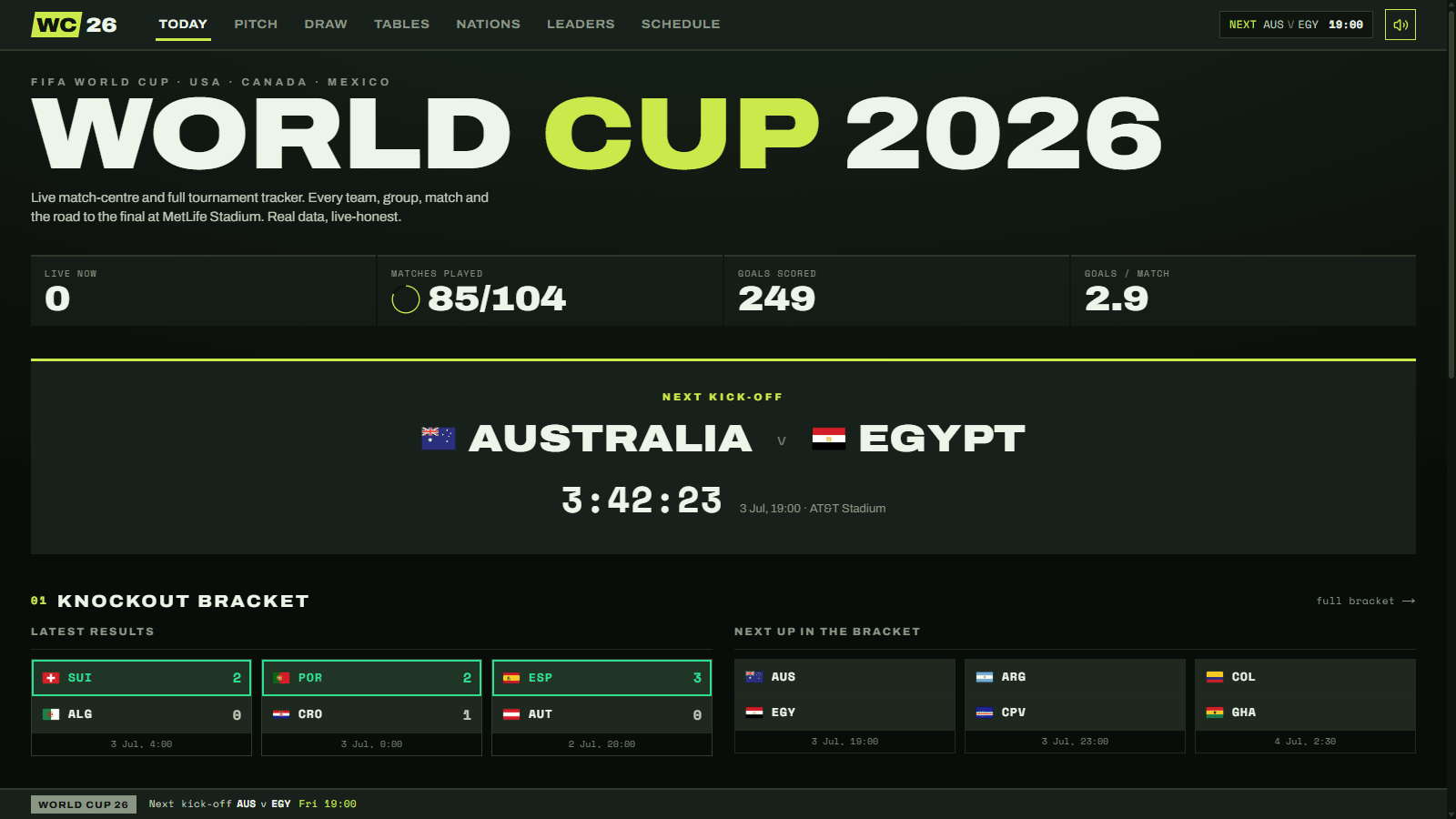 The World Cup 26 home: live tournament board, next kick-off countdown and knockout bracket